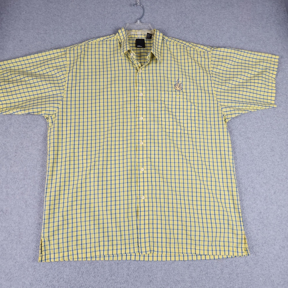No Fear Casual Shirt Mens XL Yellow Blue Plaid Short Sleeve Flame Logo Button Up
